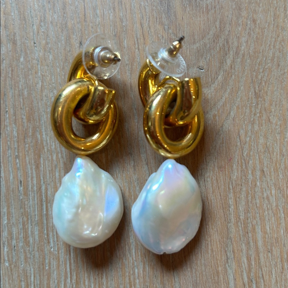 Gold Hoop Drop Earrings with Iridescent Baroque Pearl - Picture 2 of 2